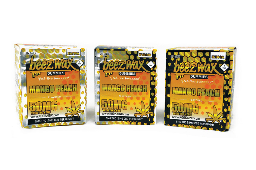 Beezwax — Mango Peach gummy boxes in Sativa, Hybrid, and Indica