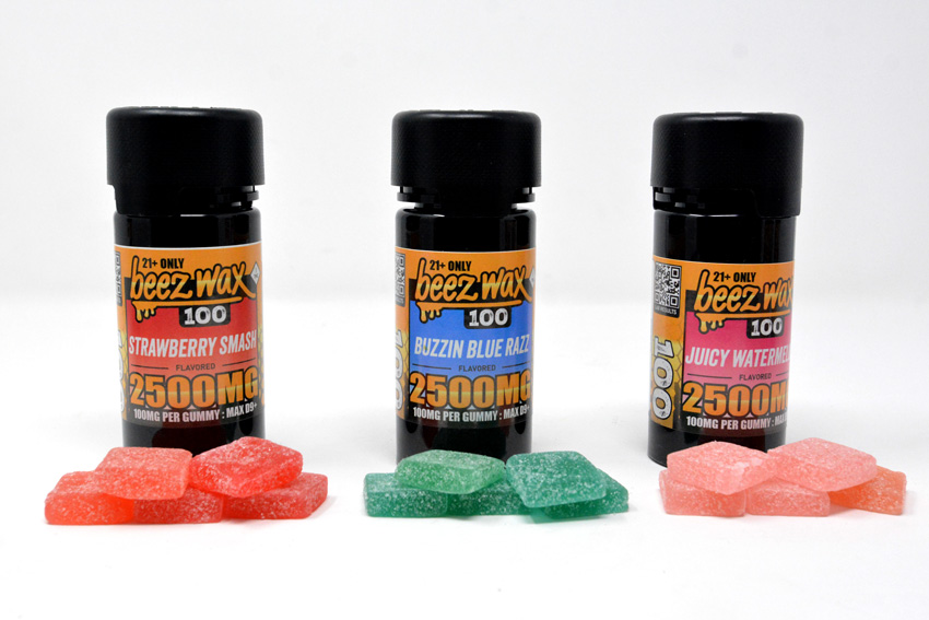 Beezwax — 2500mg gummy jars in Strawberry Smash, Buzzin Blue Razz, and Juicy Watermelon