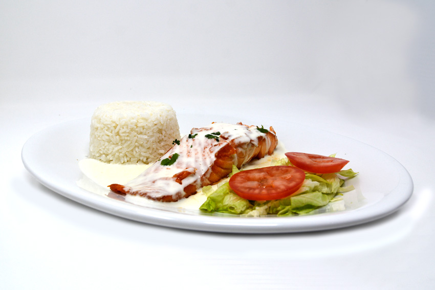 Salmon entrée with cream sauce and salad