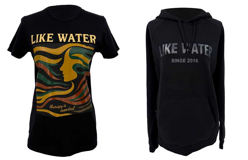 Clothing photography — Like Water branded t-shirt and hoodie