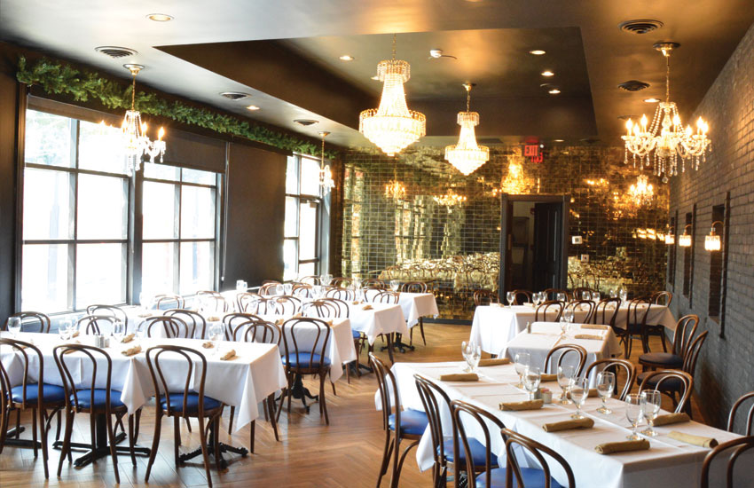 Restaurant interior photography — elegant dining room with chandeliers